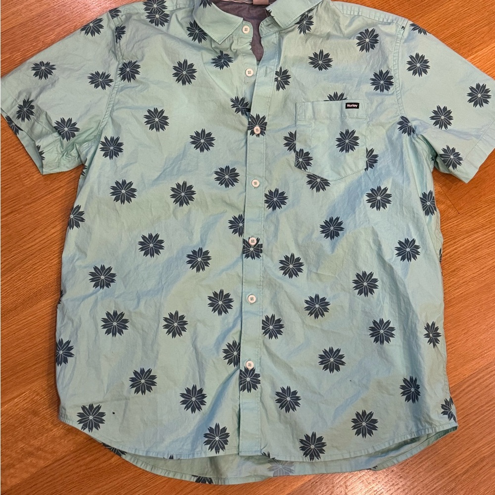Hurley Men's Floral Button Down Shirt - Light Blue Casual Beach Summer Tropical